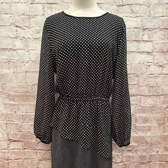 DKNY Womens Black Polka Dot Midi Sheath Dress Long Sleeve Polyester Size M - Picture 2 of 5